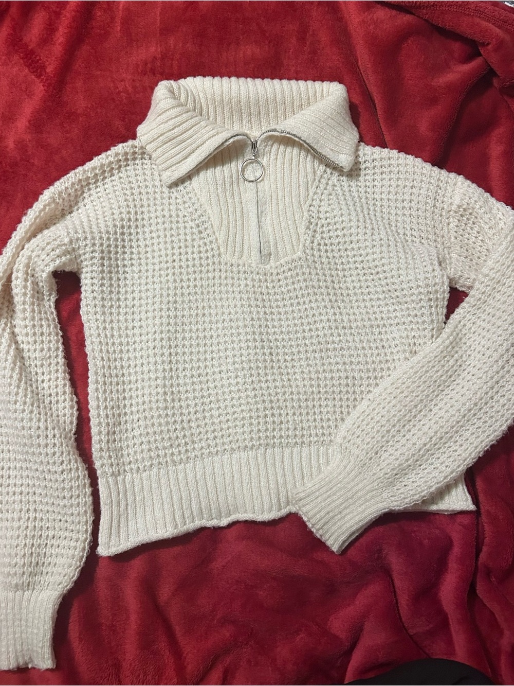 Cream Rib-Knit Zip Collar Sweater